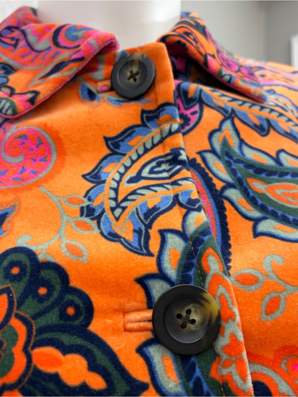Boden Orange Paisley Velvet  Button-Front Long Sleeve Coat - Size 14 - Picture 3 of 16